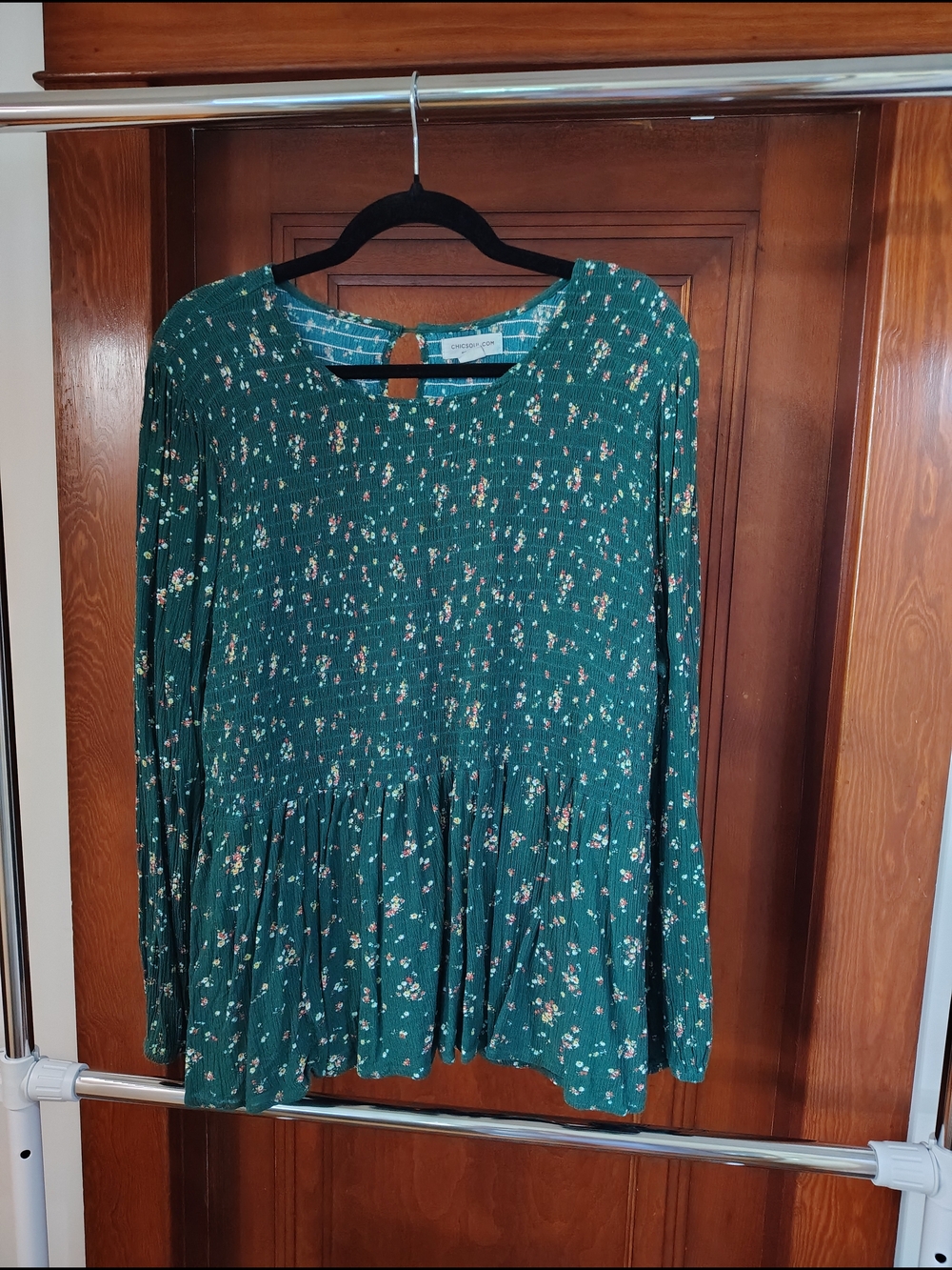 Green Floral Smocked Peasant Blouse - Women
